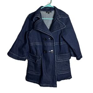 Karen Kane Denim Jacket Womens L Dark Wash Double Breasted Peacoat USA